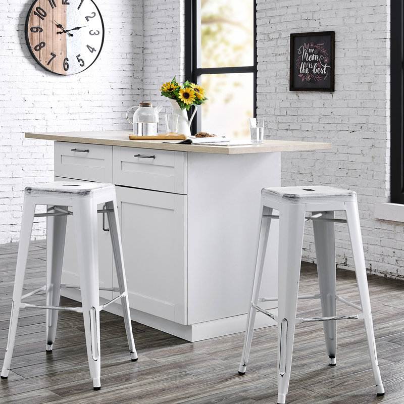 Tabourets de bar rétro en métal sans dossier de 2, siège de 30 po, blanc, léger, fonctionnellement exceptionnel pour un comptoir industriel moderne et confortable