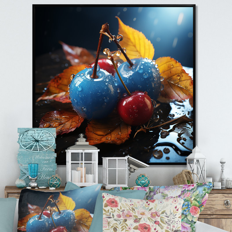 «Blue Autumnal Cherry Glass» - art mural cerise, Cadre photo argenté, H 30 po x l 30 po