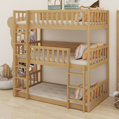 Triple Wood Bunk Bed, With Ladders, Guardrails