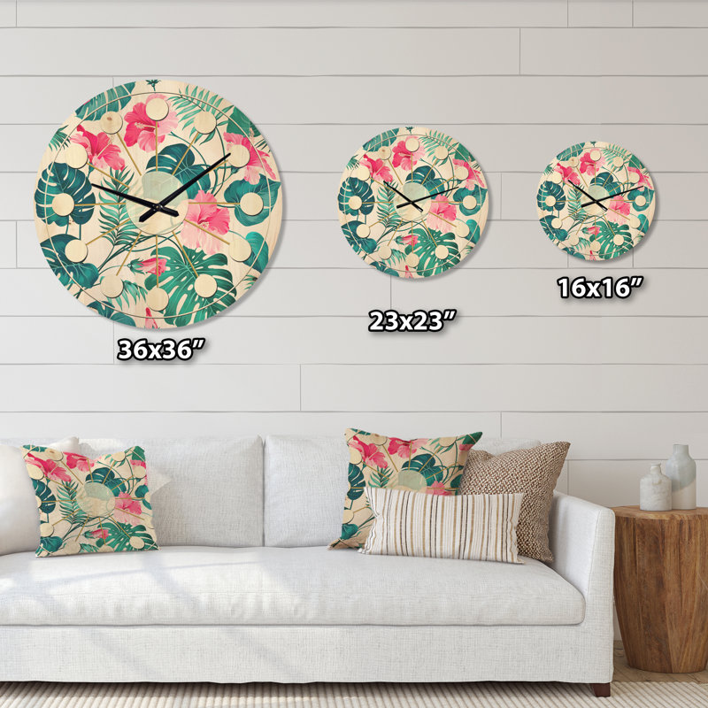 Horloge murale en bois Tropical Botanicals and Flowers, Très grand