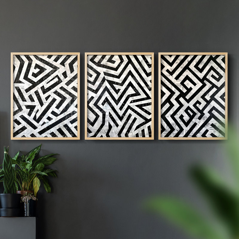 Abstrait, série X, ensemble de 3 estampes numériques, prêt à accrocher, Encadré naturel, H 20 po x l 16 po