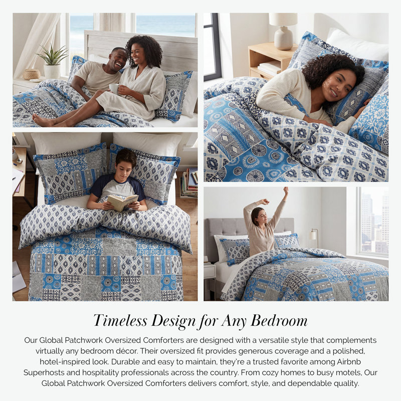 Global Patch Reversible Oversized Comforter Set by Southshore Fine Linens, King, Blue