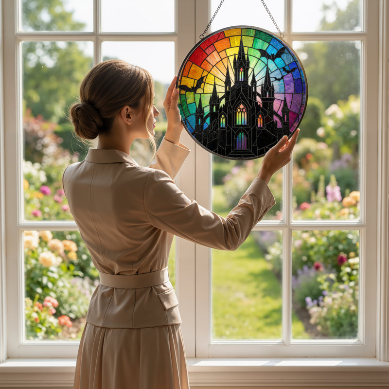 12"H Castle Rainbow Stained Glass Window Panel