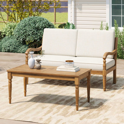 Sofa Seating Group With Cushions, Outdoor Acacia Wood Patio Seating Group,Natural+Beige