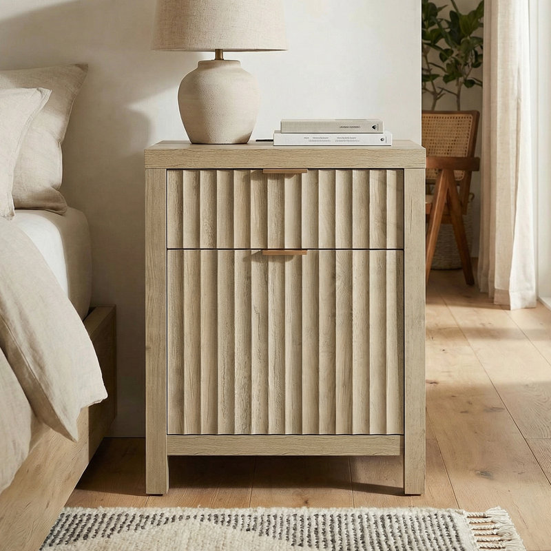 Table de chevet 2 tiroirs avec prises intégrées Arrilla, Chêne gris-beige