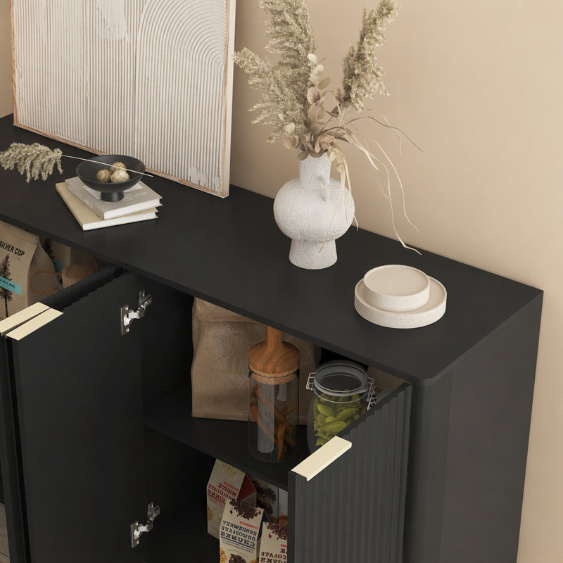 Buffet moderne avec rangement, grand buffet cannelé avec tablettes réglables, crédence, console d'appoint, Black