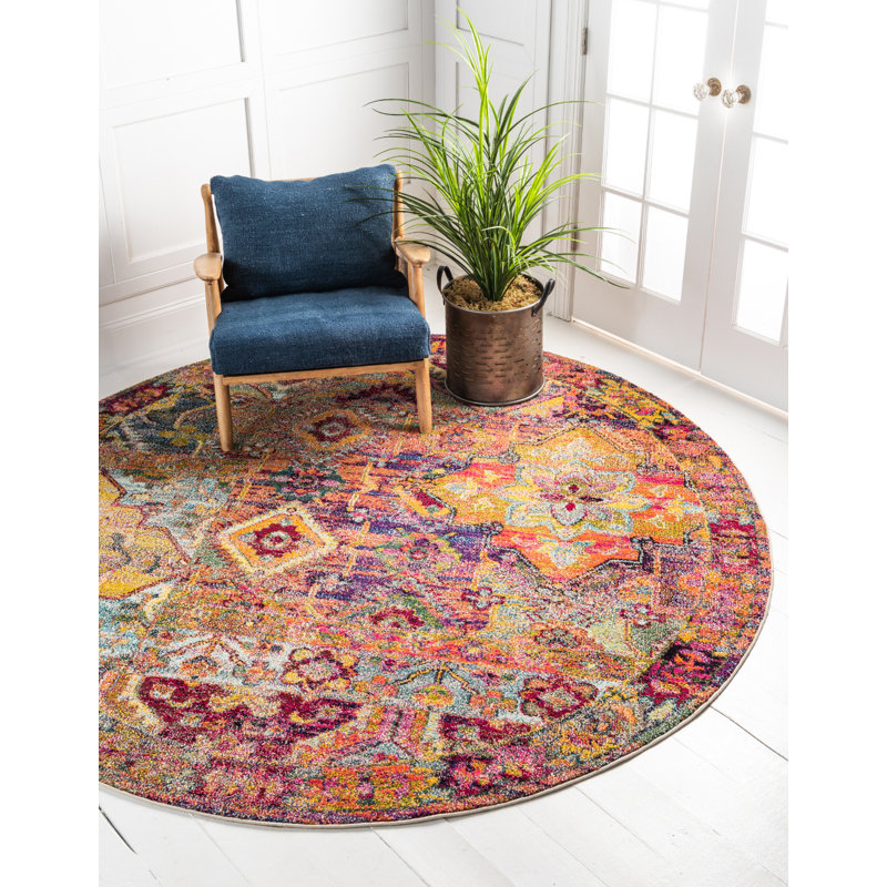 Ector Washable Abstract Indoor Rug, Round 8'