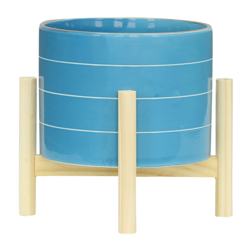 Pot à fleurs en céramique de 8 po avec base en bois - Polyvalent pour le jardin et le couloir