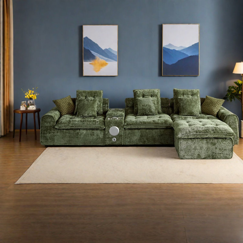 Grand sofa de coin avec rangement, canapé moderne en boucle verte en forme de L pour la maison, Vert