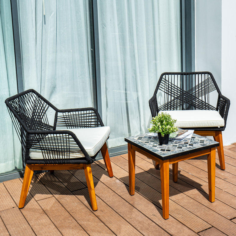 3 Piece Patio Bistro Set, Outdoor Wood Apartment Balcony Furniture Sets, Mosaic Table And Chairs Set Of 2 For Porch Backyard Lawn Poolside Deck