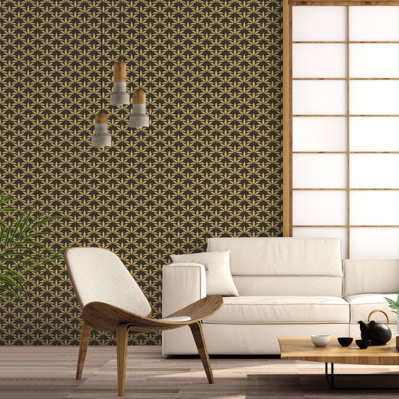 Into The Wild Collection Metallic Leaf Motif 33' L x 21" W Wallpaper Roll, Black/Gold