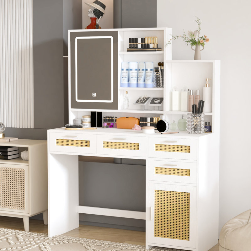 3 Color Lighted Makeup Vanity With Openable Mirror, 4 Drawers & 1 Cabinet Shelves For Bedroom, White Dresser Storage, Drawers, Cabinet, Bedroom Use