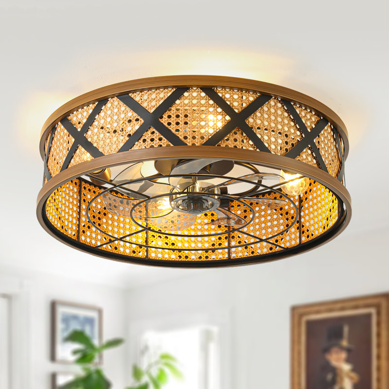 23" Boho Rattan Caged Flush Mount Ceiling Fan with Light and Remote/APP Control, Rustic Farmhouse Low Profile Bladeless Fandelier Ceiling Fan for Bedroom, Living Room