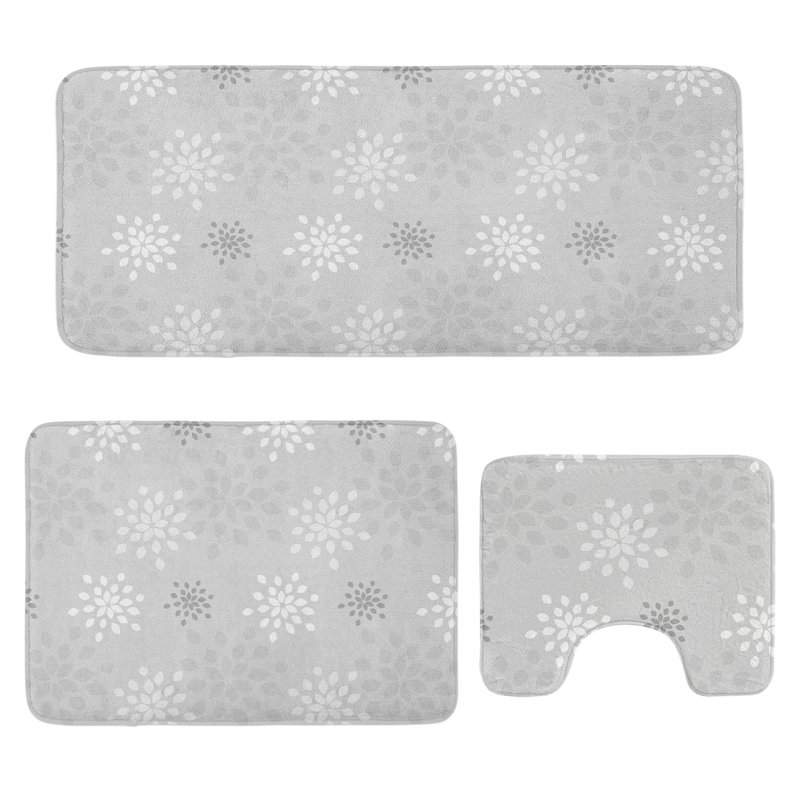  Grey and White Bathroom Rug Set 3 Pieces U-Shape & Rectangle Mats Grey White