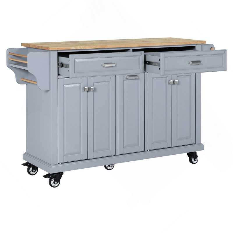 Îlot de cuisine avec comptoir en bois d'hévéa, chariot de cuisine sur 5 roues avec armoire de rangement, Gris