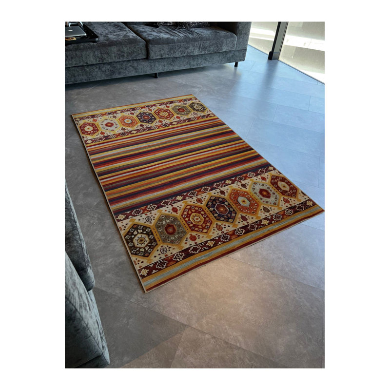 Dark Toned Multi Coloured Shape Patterned Stripe Patterned Creative Modern Decorative Rug Machine Washable