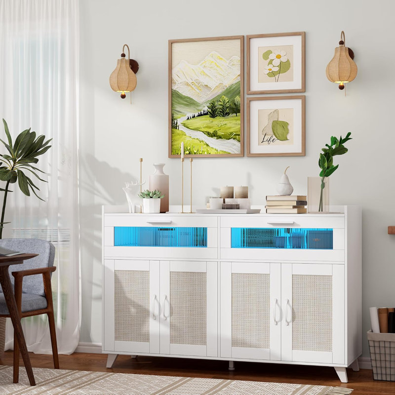 Buffet avec prise de courant, lumière DEL, armoire à café, Blanc