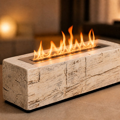 14.7" Rectangular White Gold Wood Textured Concrete Bio-Ethanol Indoor & Outdoor Tabletop Fireplace