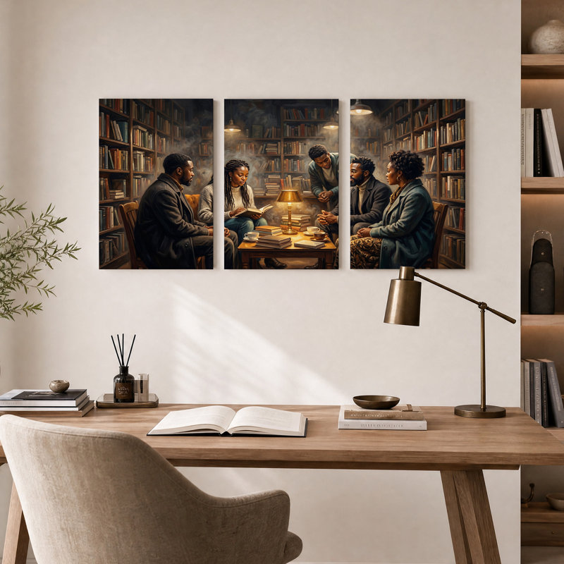 Group of People Reading in Library Set Of 3 Canvas Wall Art, 24"H x 16"W x 3pcs