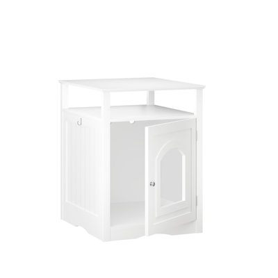 Cat Litter Box Enclosure Furniture - Indoor White House With Enclosed Cabinet, Construction, Side Hook, Functional Shelf And Cozy Space, Modern Table For Living Areas Wooden Finish, Shelf, Hidden