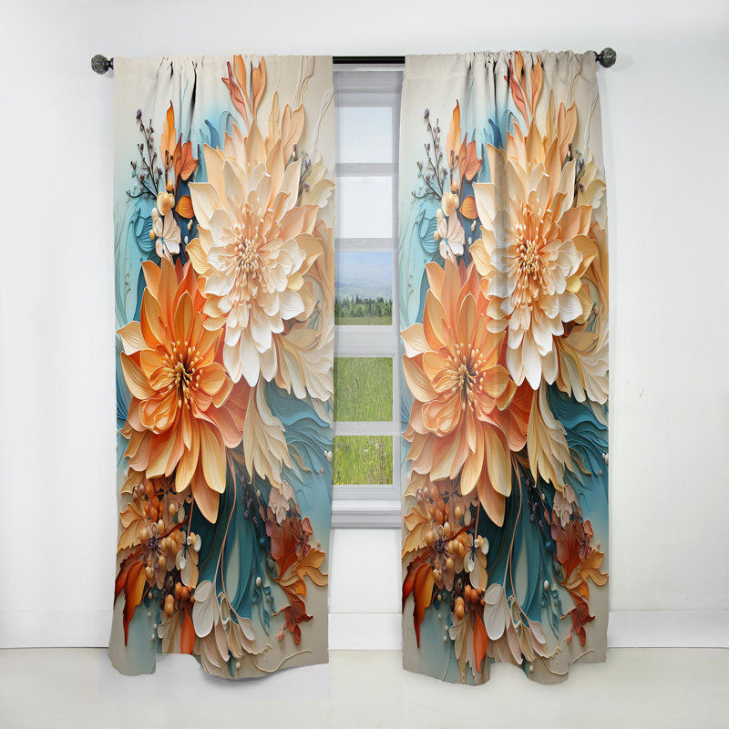 Orange Teal Botanical Whirlwind I - Modern Curtain - Velvet Room Darkening - 1 panel, 52" W x 84" L