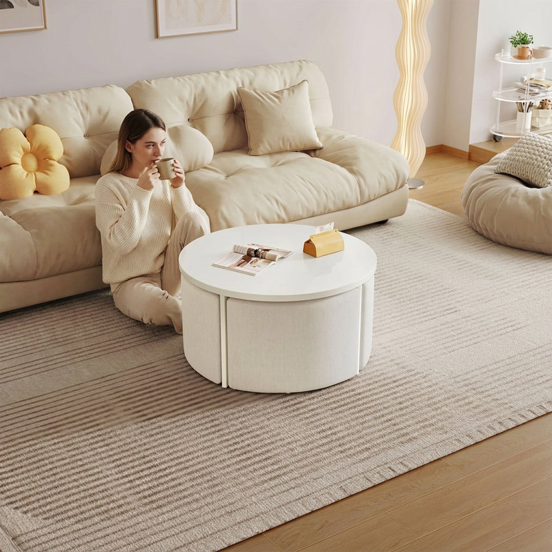75cm White Round Coffee Table Set with 4 Stools