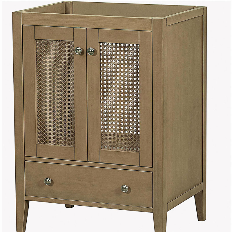 Meuble-lavabo 24 po sans lavabo, base seulement, armoire en rotin avec portes et tiroir, cadre solide et panneau de fibres à densité moyenne, naturel