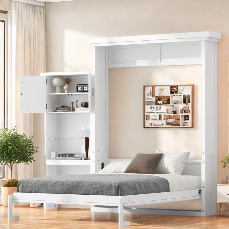 Lit escamotable avec tablettes de rangement et décoration à persiennes, Blanc