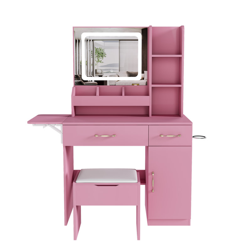 Vanity Desk with LED Mirror Lights and Power Outlet Charging Station, Makeup Dressing Table, Pink
