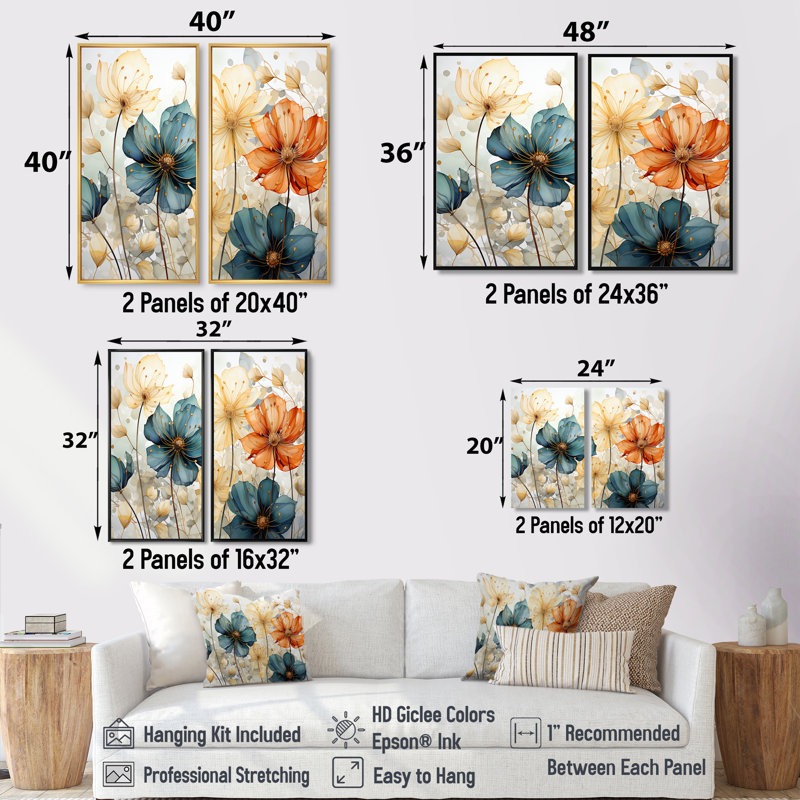 Mosaïque de pétales orange sarcelle I - art mural moderne 2 pièces, H 40 po x l 40 po, Brun