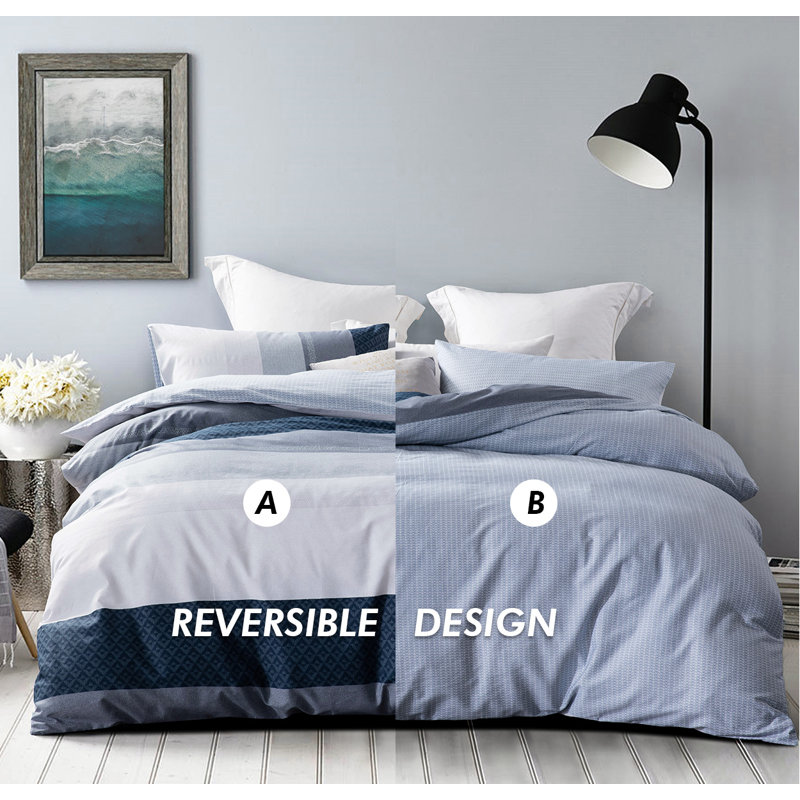 SLEEPBELLA Duvet Cover Set, 600 Thread Count Cotton White And Navy Striped Patchwork Comforter Cover Set Reversible Quilt Cover