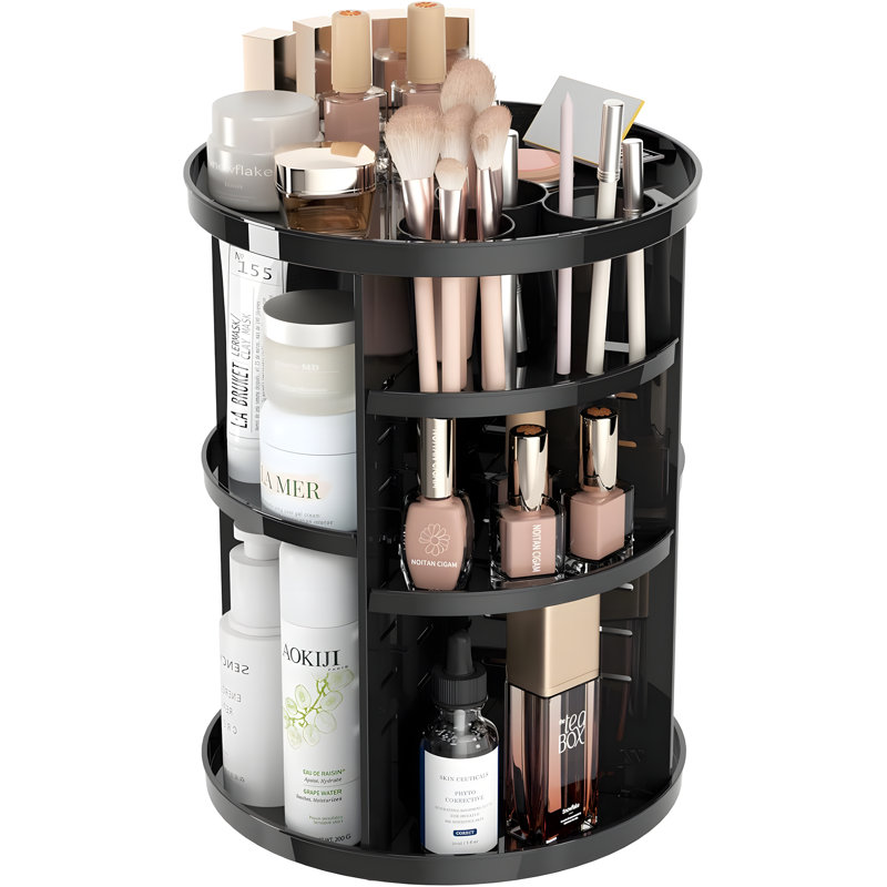 Organisateur de maquillage rotatif à 360 degrés avec 8 couches réglables, tour de carrousel de rangement pour les soins de la peau, comprend un porte-brosse et des plateaux de parfum, une vitrine de maquillage pour meuble-lavabo ou salle de bain