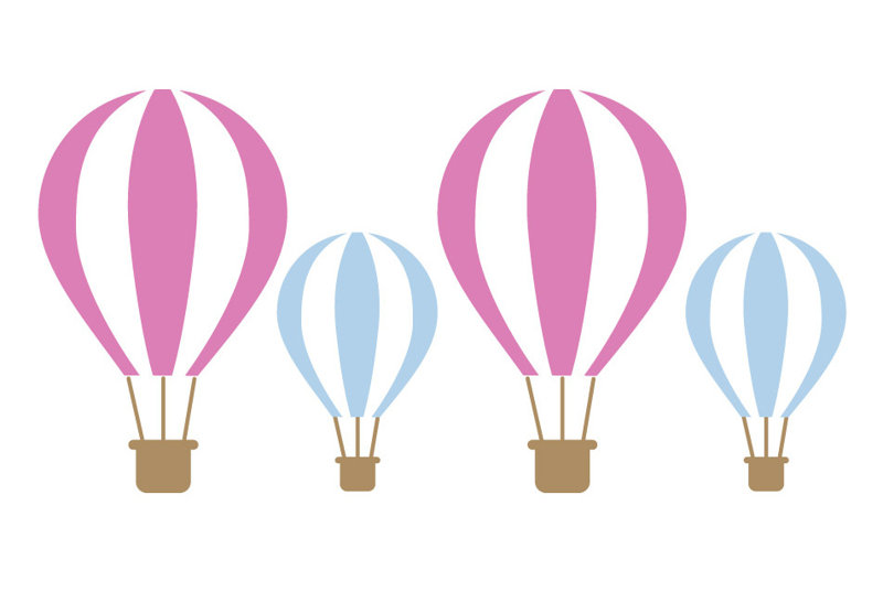Décalcomanie murale ballons d’air chaud, H 33 po x l 65 po x P 0,01 po, Rose / bleu clair