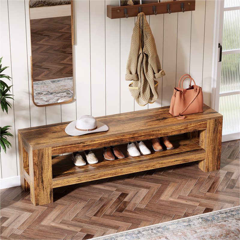 59" Wooden Entryway Bench With Storage Shelf, Brown