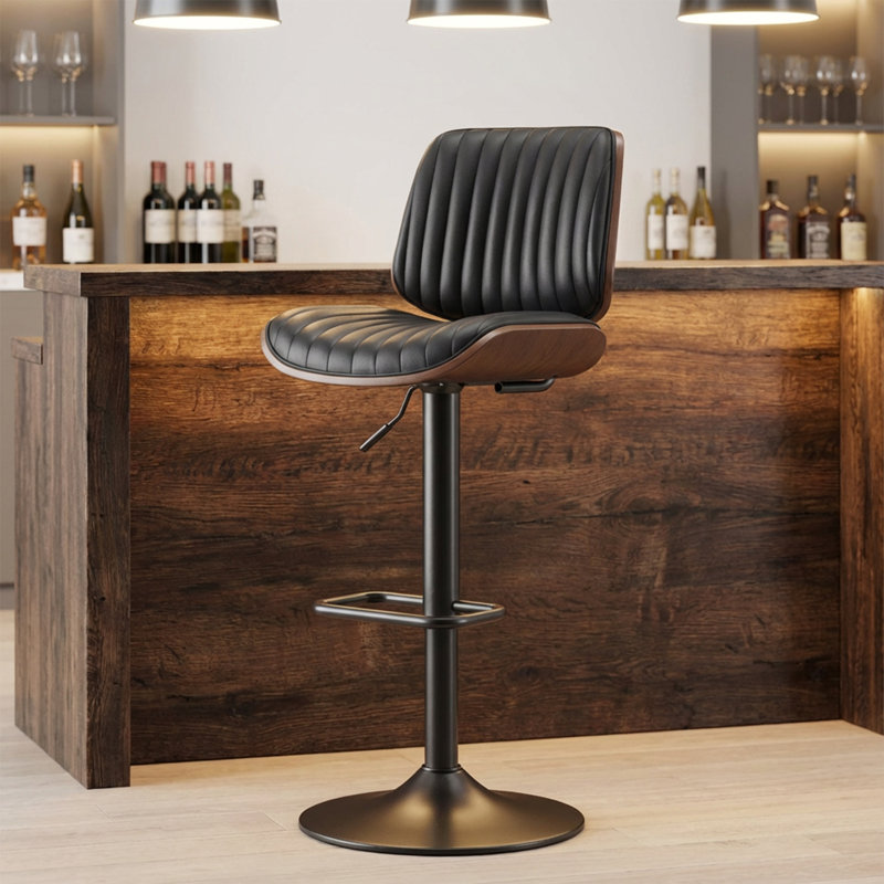 Modern Swivel 26”H Barstool, Adjustable Height Counter Stool with Bentwood, Faux Leather Upholstered Bar Stool with Footrest for Bar, Kitchen, Dining Room