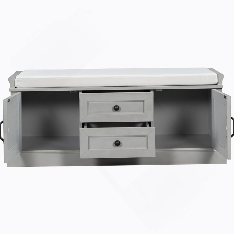 Banc de rangement avec 2 tiroirs et 2 armoires, banc à chaussures avec coussin amovible pour le salon, vestibule, Gris délavé
