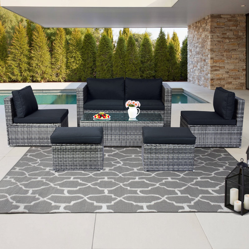 6-Piece Nesting Patio Set with Space-Saving Design, Steel Frame & Tempered Glass Table, Seating for 6