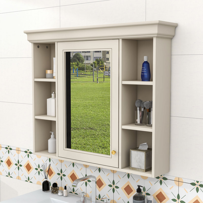 Armoire de salle de bain murale moderne Yolany avec porte miroir et tablettes réglables, Beige