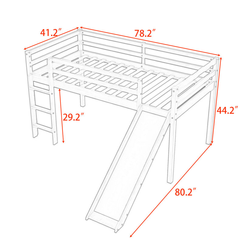 Twin Wooden Low Loft Bed With Slide And Safety Guardrails, White