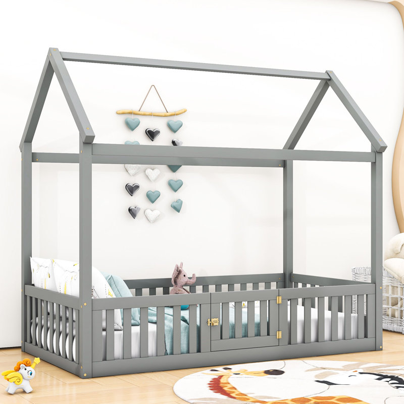 Lit simple en bois avec clôture Dasan, gris