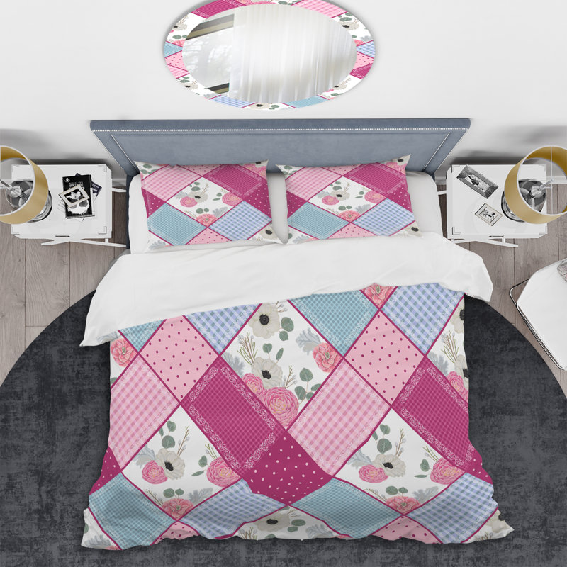 Patchwork floral rose - ensemble de housse de couette abstrait - microfibre de polyester
