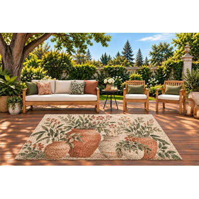 Tapis d'extérieur 152 x 213 cm, motif de vases botaniques en terre cuite et branches fleuries, tapis bouclé imperméable en PVC, tapis résistant à séchage rapide pour porche, terrasse, balcon ou entrée.