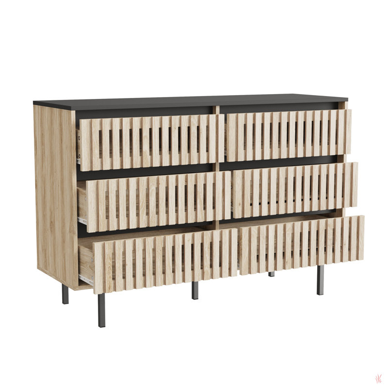 Commode de chambre cannelée à 6 tiroirs, design minimaliste moderne à deux tons