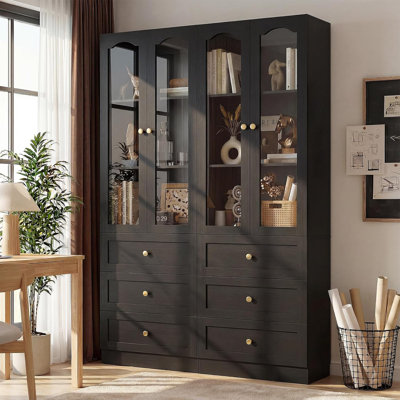 Bibliothèque de 47,2 po avec tiroirs en bois, bibliothèque avec porte en verre