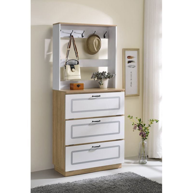 Armoire de rangement à chaussures rectangulaire en chêne clair et blanc Hewett