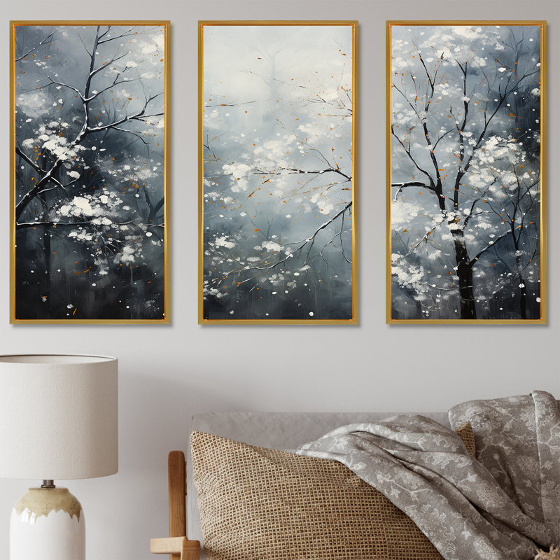 Ensemble de salon Winter Wall Minimal Landscape - Snow Wall Art, Cadre flottant doré, H 32 po x l 48 po x P 1 po