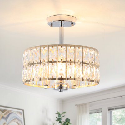 3-Light Crystal Ceiling Light Fixture Semi Flush Mount Chandelier with Drum Shade