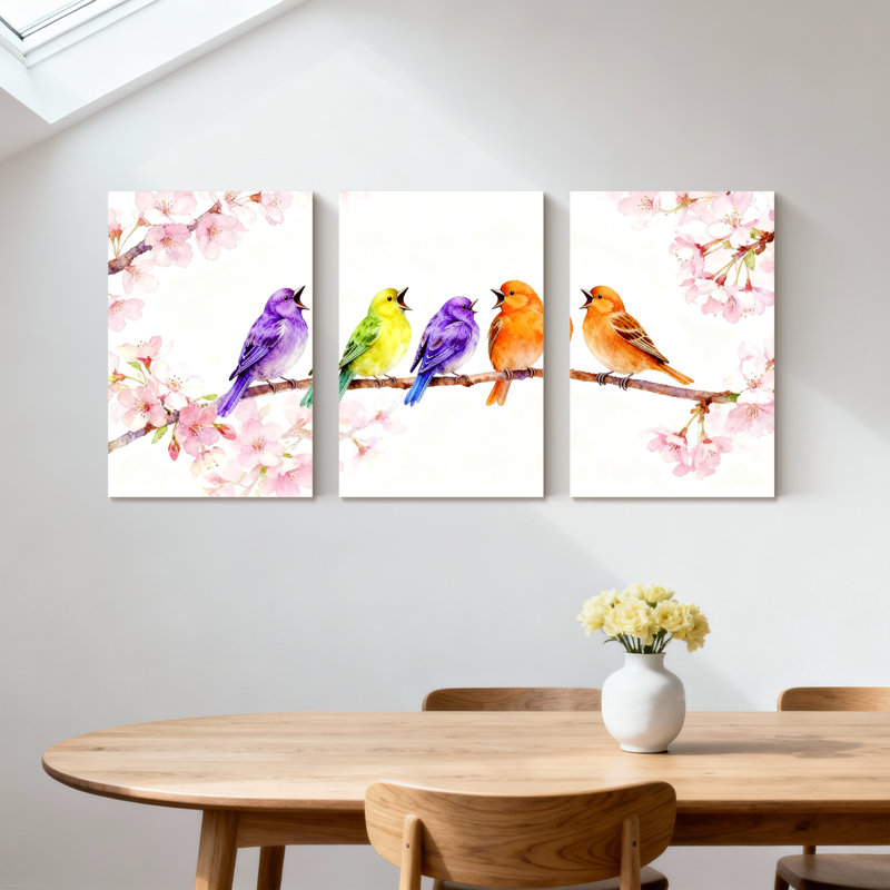 Oiseaux colorés sur une branche de cerisier en fleurs, ensemble de 3 impressions sur toile, H 24 po x l 48 po