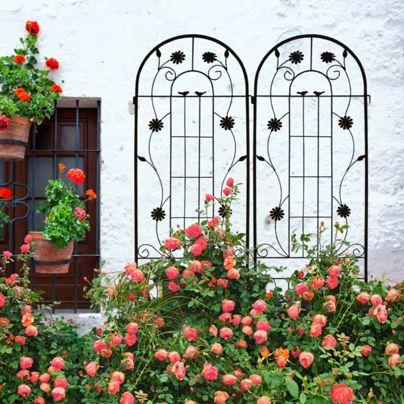 Treillis de jardin en métal 86,7 "x 19,7", paquet de 2 antirouille, support à fleurs extérieur pour lierre, gloire du matin, haricots, noir, assemblage sans effort, plantes grimpantes antirouille en fer, support, facile