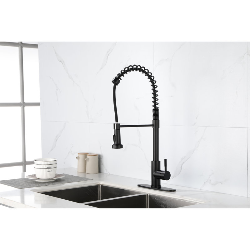 Robinet de cuisine à douchette extractible - Acier inoxydable, noir mat, revêtement anticorrosion, contrôle de l'écoulement de l'eau en acier, conception à un trou